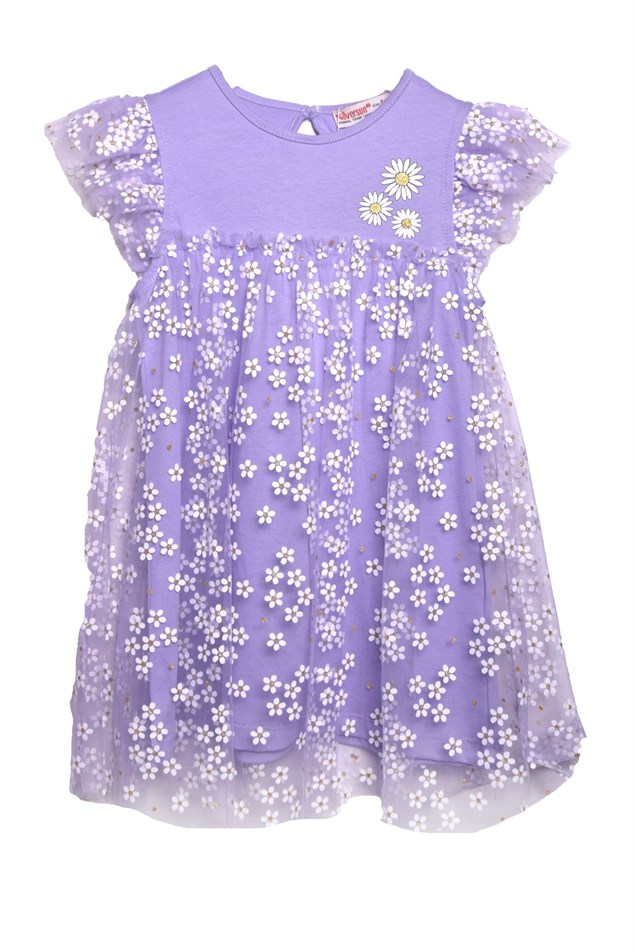Lila Renkli Papatya Baskılı Kız Çocuk Elbise |EK 219093