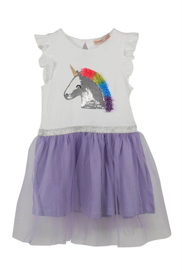 Lila Renkli Payet Nakışlı Kolları Fırfırlı Kız Çocuk Tütü Elbise |EK 219037