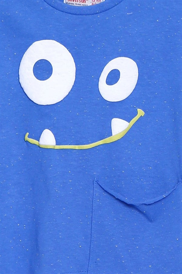 Mavi Renkli Cep Detaylı Baskılı Omuzdan Düğme Kapamalı Örme Uzun Kollu Tişört | BK 110549