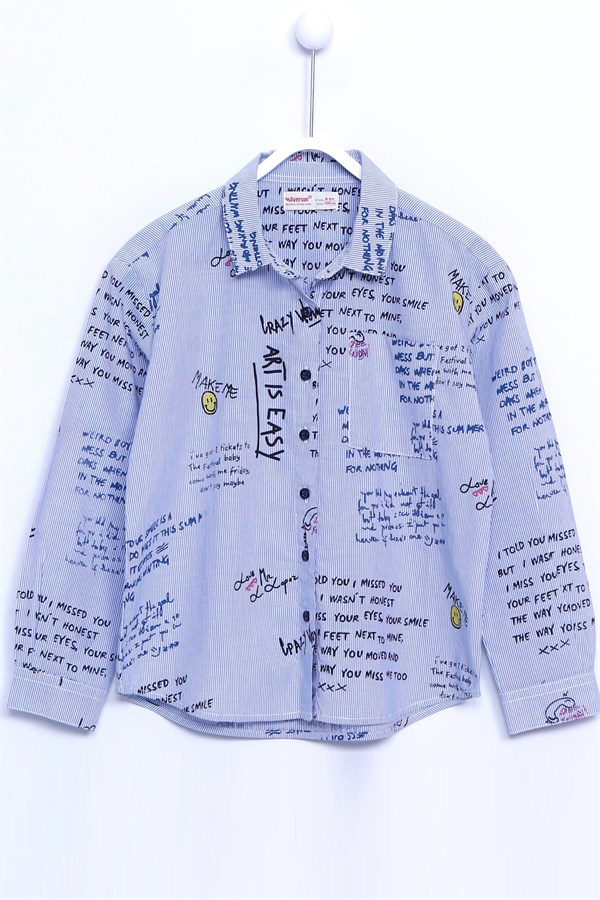 Mavi Renkli Gömlek Dokuma Uzun Kollu Yazı Baskılı Gömlek Kız Çocuk |GC 310311