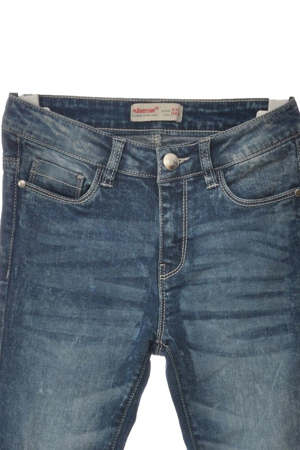 Mavi Renkli Kot Pantolon Denim 5 Cepli Yıkamalı Paçası Püsküllü Kot Pantolon Kız Çocuk |PC 310576