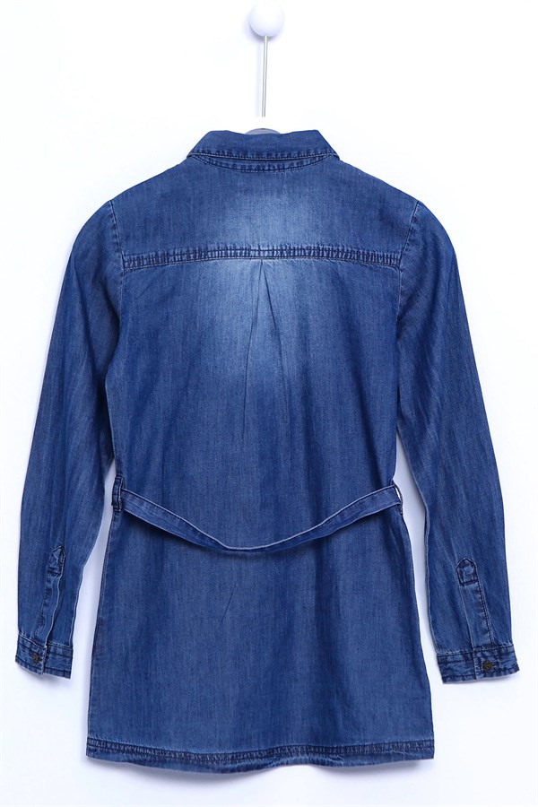 Mavi Yıkamalı Kuşaklı Çift Cepli Uzun Kollu Kot Gömlek|GC 310814