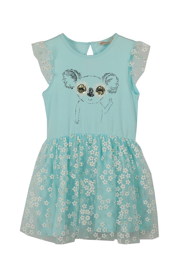 Mint Renkli Baskılı Kız Çocuk Papatya Desenli Elbise |EK 219047