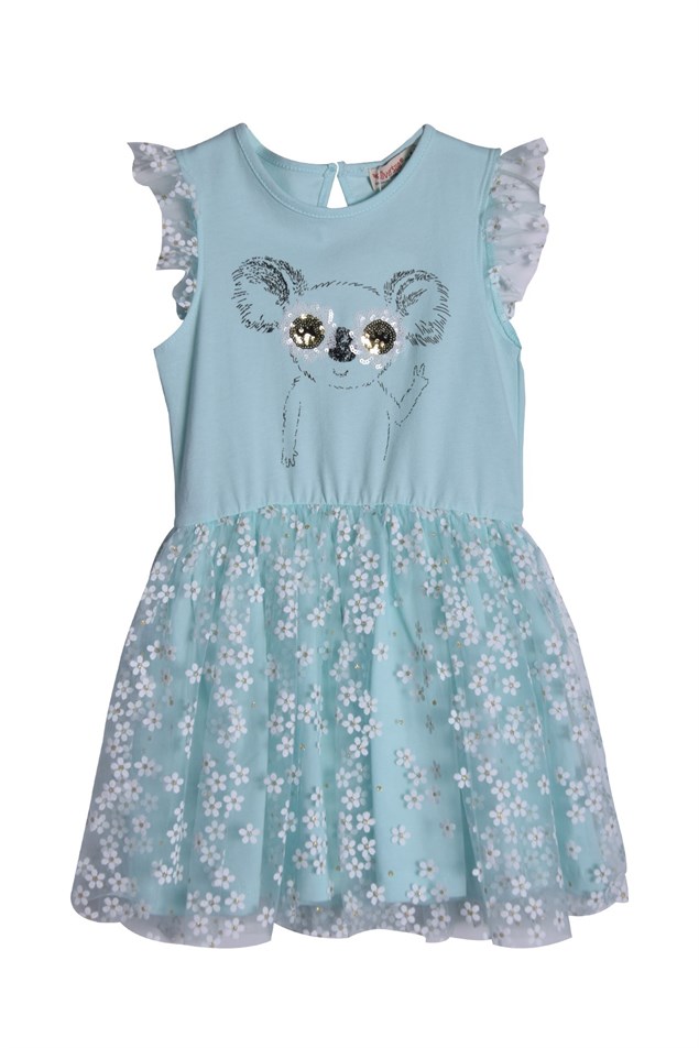Mint Renkli Baskılı Kız Çocuk Papatya Desenli Elbise |EK 219047