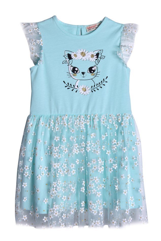 Mint Renkli Baskılı Kız Çocuk Papatya Desenli Elbise |EK 219090