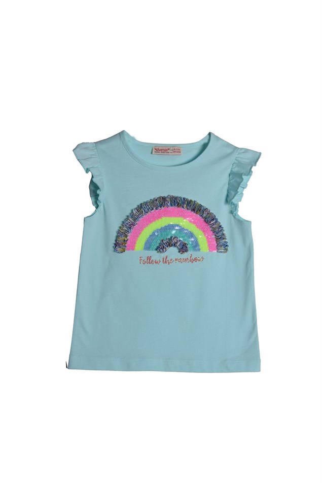 Mint Renkli Payet Nakışlı Kız Çocuk Örme Tişört |BK 219062