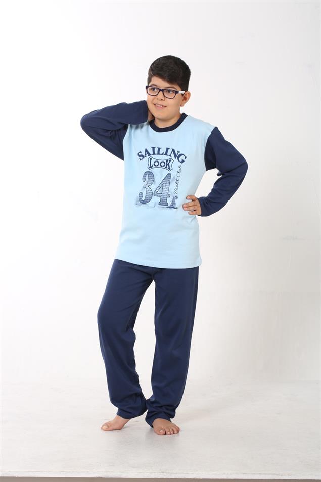Moda Çizgi Erkek Çocuk Buz Mavisi Penye Pijama Takım 4508