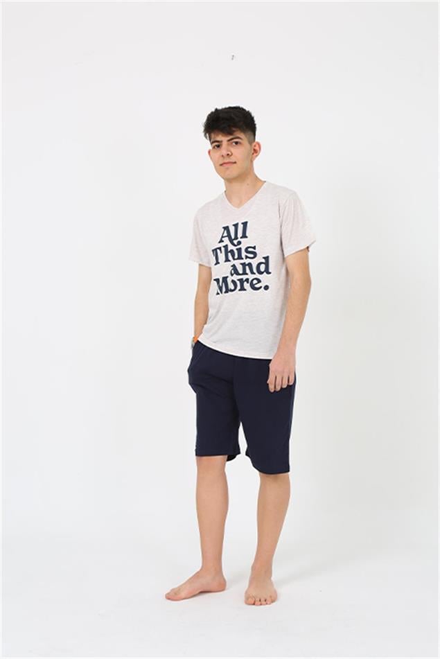 Moda Çizgi Erkek Genç Garson Boy Kısa Kol Krem Penye Şortlu Pijama Takımı 20377