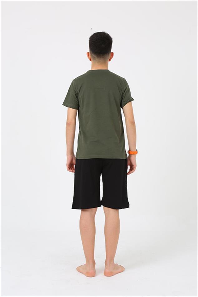 Moda Çizgi Erkek Genç Garson Boy Kısa Kol Haki Penye Şortlu Pijama Takımı 20377