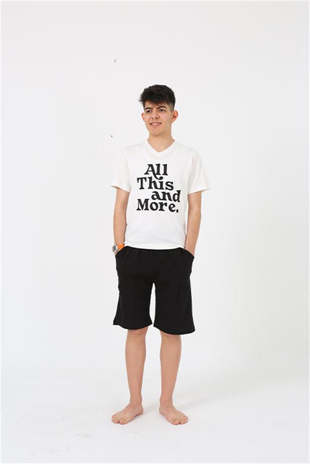 Moda Çizgi Erkek Genç Garson Boy Kısa Kol Ekru Penye Şortlu Pijama Takımı 20377