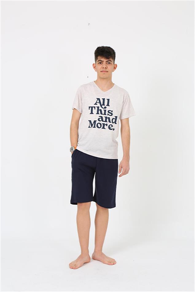 Moda Çizgi Erkek Genç Garson Boy Kısa Kol Krem Penye Şortlu Pijama Takımı 20377