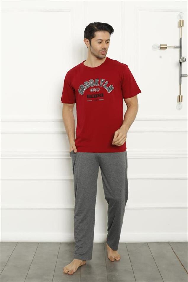 Moda Çizgi Erkek Kırmızı Penye Pijama Takım 20371