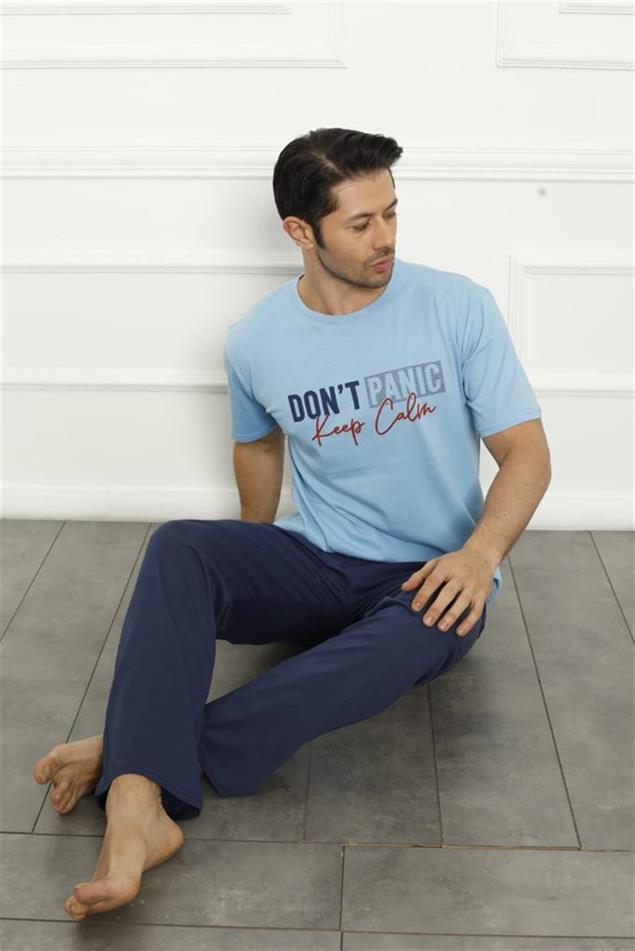 Moda Çizgi Erkek Mavi Penye Pijama Takım 20371