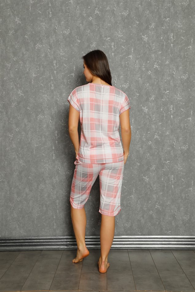 Moda Çizgi Kadın %100 Pamuk Penye Kısa Kol Kapri Pijama Takım 20563