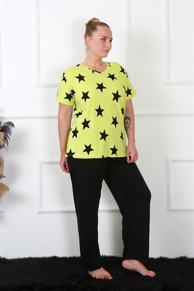 Moda Çizgi Kadın Büyük Beden Penye Neon Yeşili Kısa Kol Pijama Takım 202206