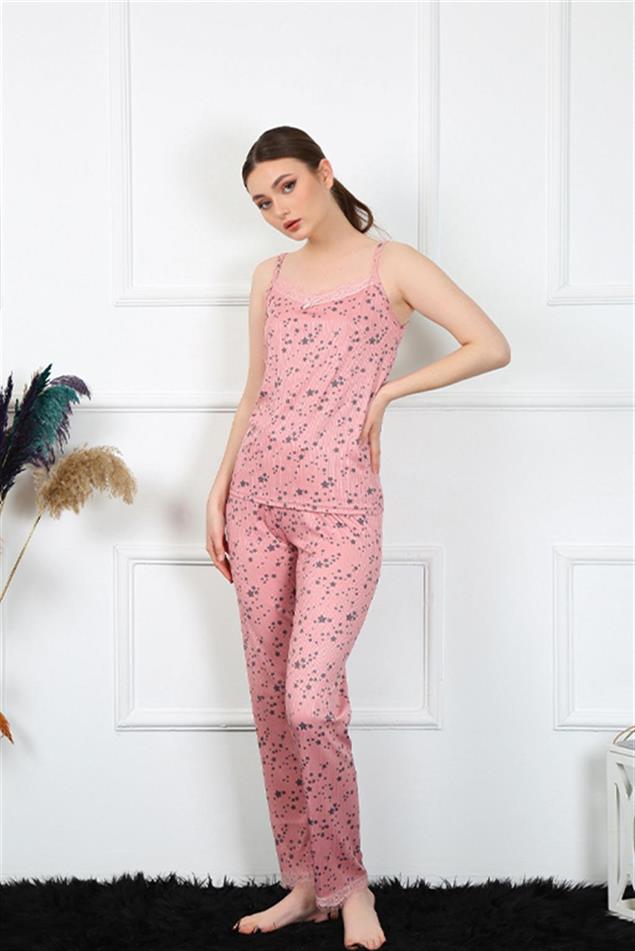 Moda Çizgi Kadın İp Askılı Pudra Pijama Takım 4137