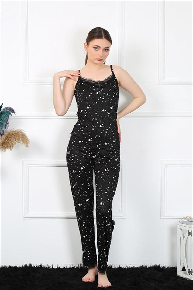 Moda Çizgi Kadın İp Askılı Siyah Pijama Takım 4137