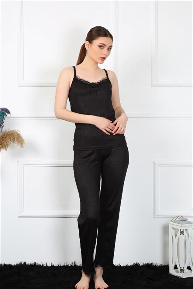 Moda Çizgi Kadın İp Askılı Siyah Pijama Takım 4136