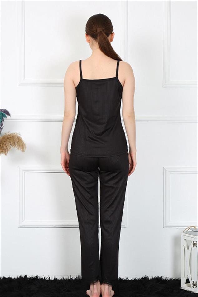 Moda Çizgi Kadın İp Askılı Siyah Pijama Takım 4136