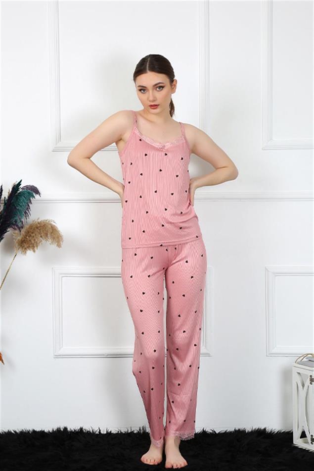 Moda Çizgi Kadın İp Askılı Somon Pijama Takım 4138