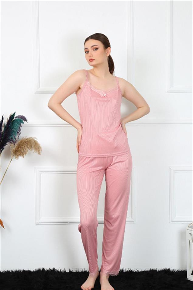 Moda Çizgi Kadın İp Askılı Somon Pijama Takım 4136