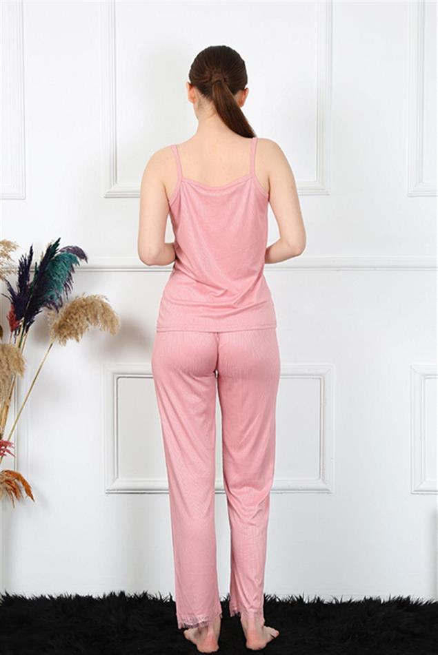 Moda Çizgi Kadın İp Askılı Somon Pijama Takım 4136