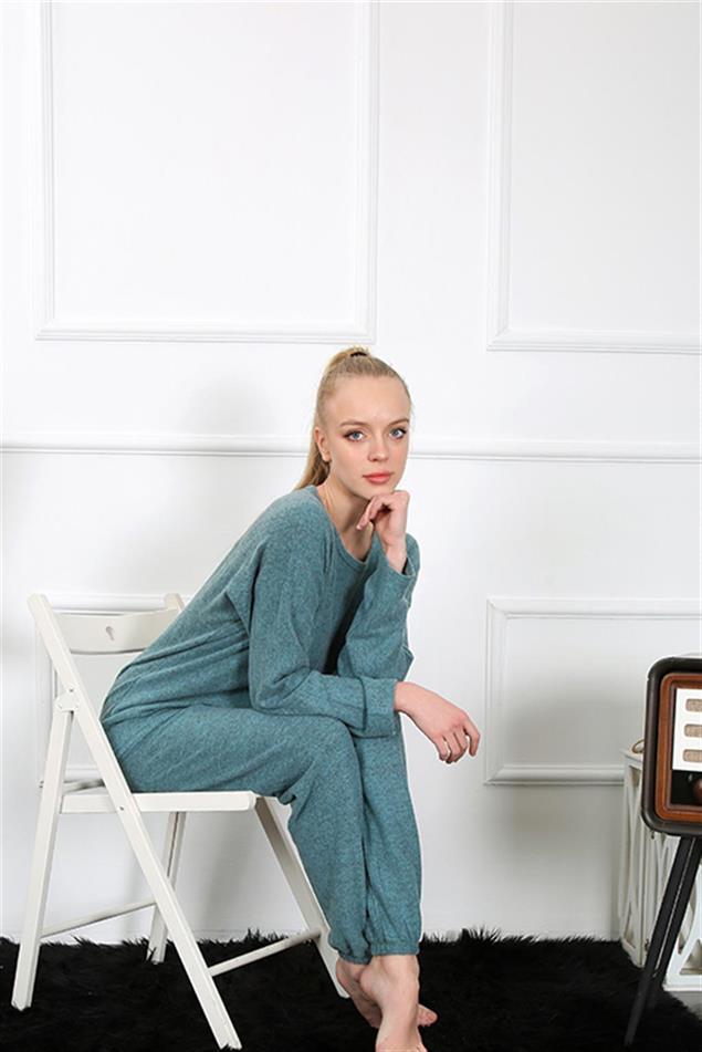 Moda Çizgi Kadın Kalın Uzun Kol Penye İndigo Pijama Takım 4131