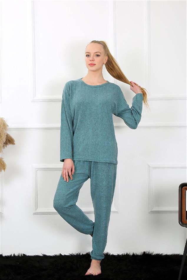 Moda Çizgi Kadın Kalın Uzun Kol Penye İndigo Pijama Takım 4131