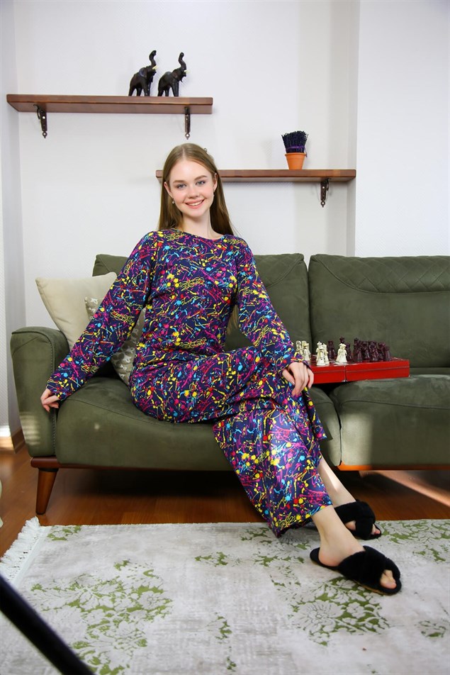 Moda Çizgi Kadın Penye Bol Paça Pijama Takım 4120