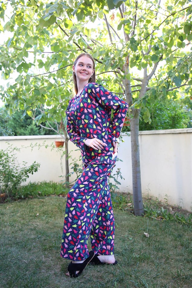 Moda Çizgi Kadın Penye Bol Paça Pijama Takım 4123