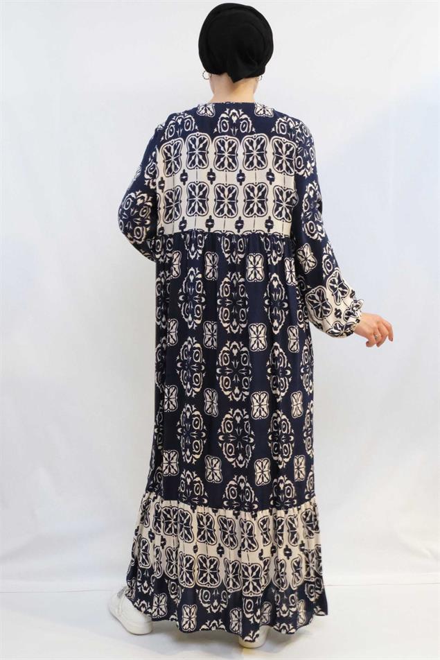 Moda Çizgi Papatya Desen Elbise Lacivert