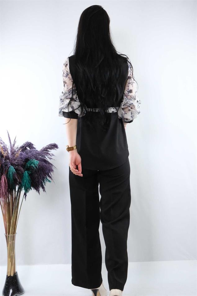 Moda Çizgi Şifon Kol Bluz Siyah