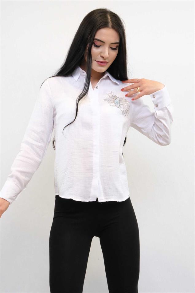 Moda Çizgi Taşlı  Keten Gömlek MC2301 Beyaz