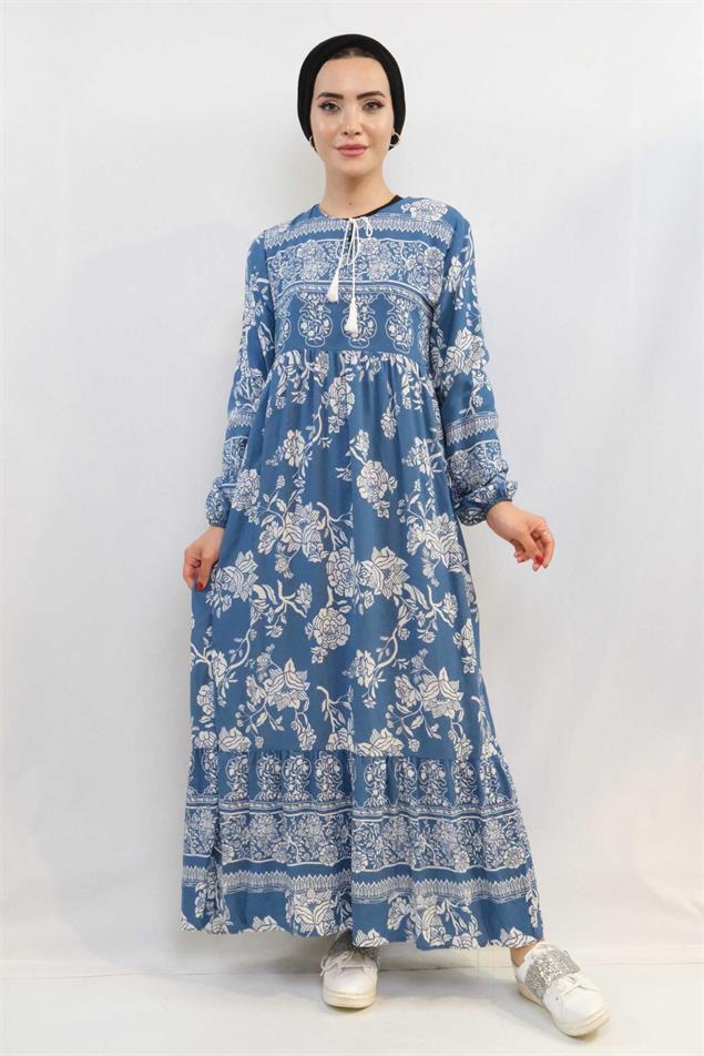 Moda Çizgi Vintage Desen Elbise Mavi