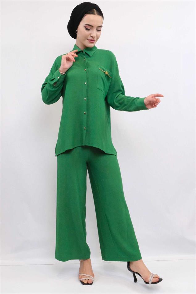 Moda Çizgi Zincir Aksesuarlı İkili Takım Yeşil