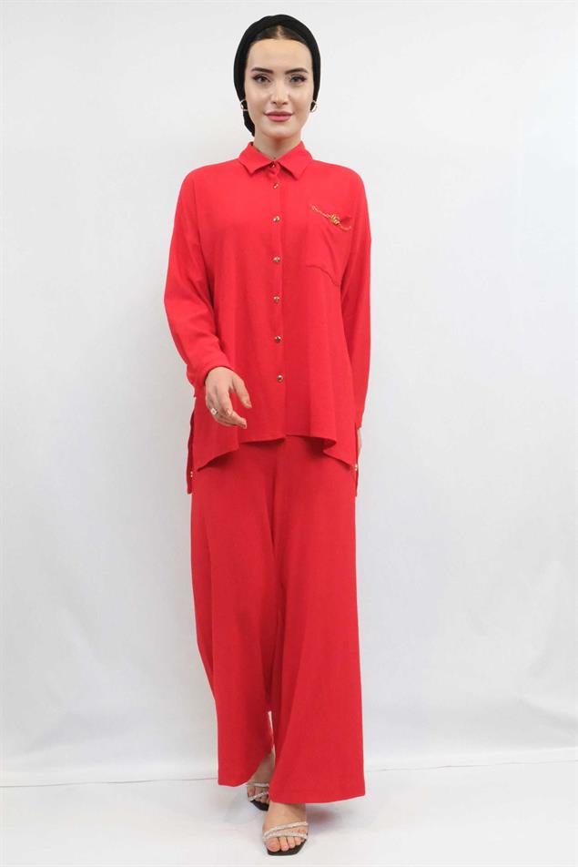 Moda Çizgi Zincir Aksesuarlı İkili Takım  Kırmızı