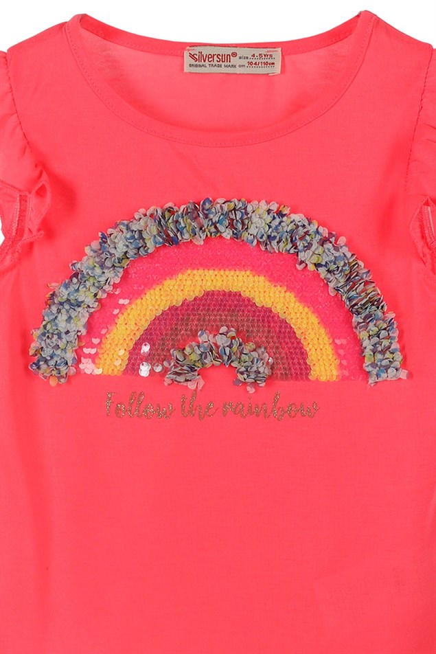 Neon Pembe Renkli Payet Nakışlı Kız Çocuk Örme Tişört |BK 219062