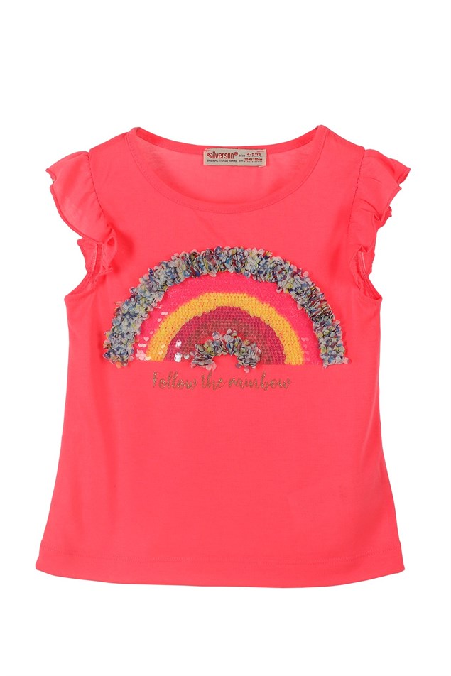 Neon Pembe Renkli Payet Nakışlı Kız Çocuk Örme Tişört |BK 219062