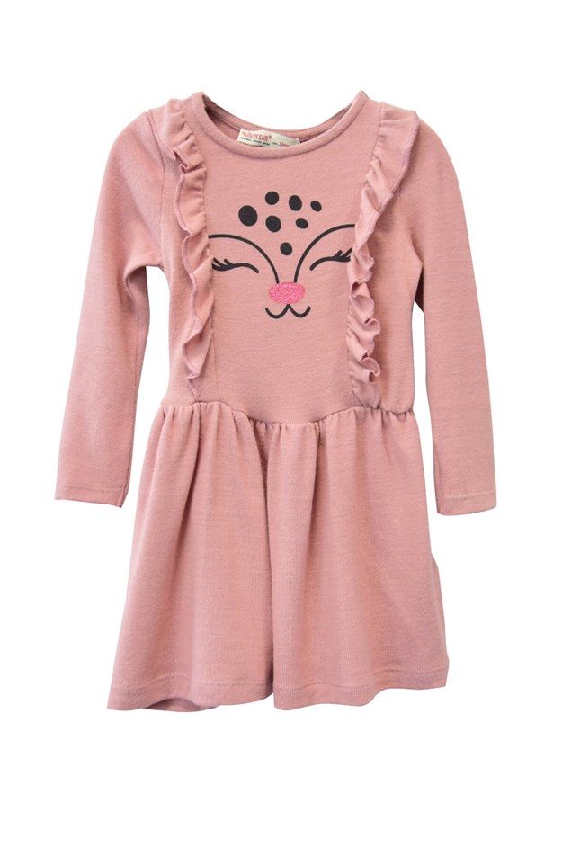 Pembe Renkli Baskılı Fırfırlı Kız Çocuk Örme Elbise-EK 218541 |Silversunkids