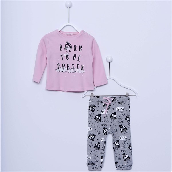 Pembe Renkli Baskılı Tişört ile Baskılı Beli ve Paçaları Lastikli Bebek Kız Pijama Takım|PJM 112941