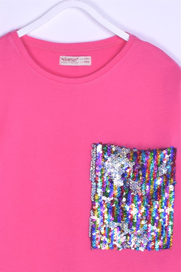 Pembe Renkli Uzun Kollu T-Shirt Örme Uzun Kollu Payet Detaylı Tişört Kız Çocuk |BK 312831