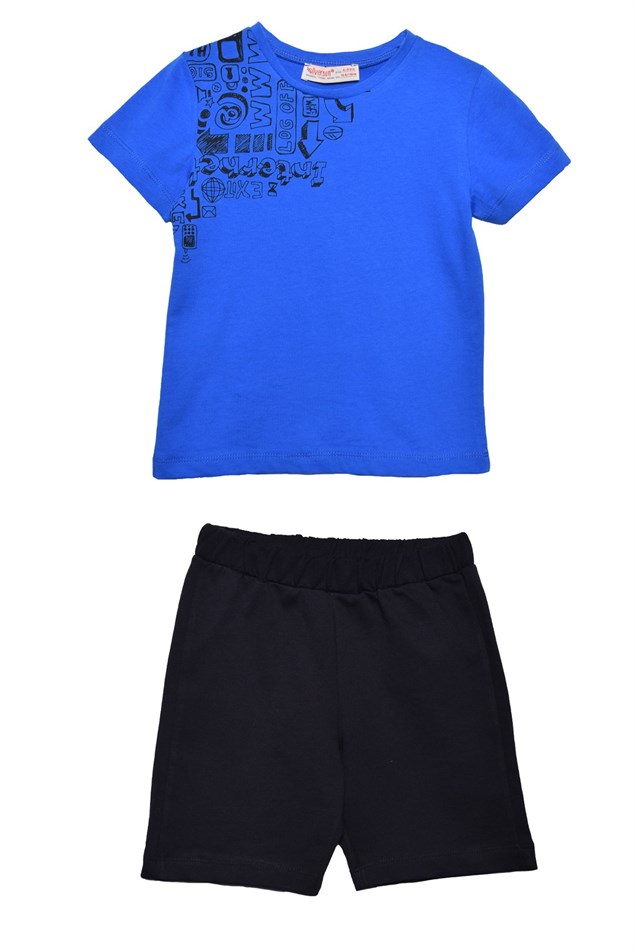 Saks Renkli Baskılı Erkek Çocuk Tişört Şort Takım |KT 216551