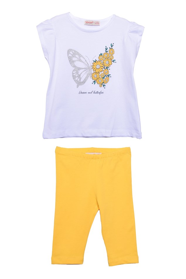 Sarı Renkli Baskılı Kız Çocuk Tişört Tayt Takım |KT 219081