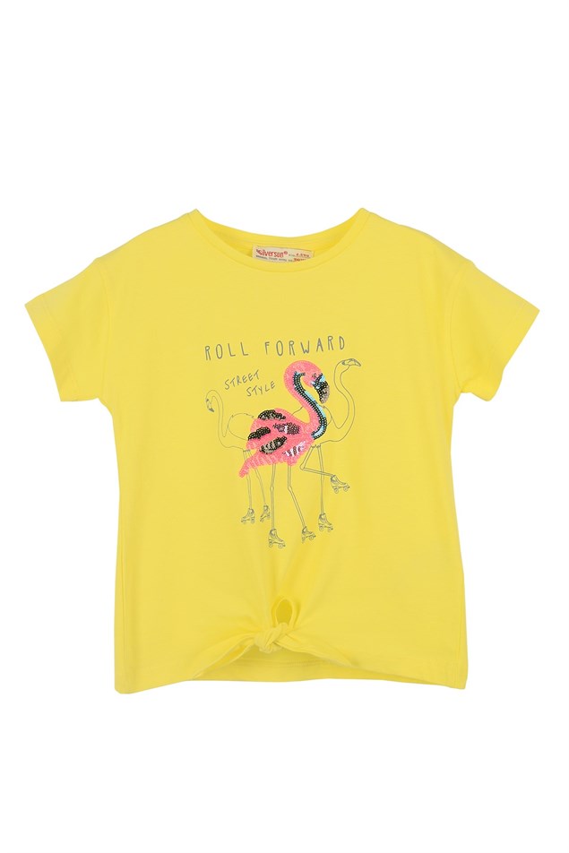 Sarı Renkli Payet Nakışlı Kız Çocuk Örme Tişört |BK 219065