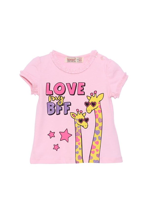 Silversunkids | Bebek Kız Pembe Renkli Baskılı Omuzdan Düğmeli Tişört | BK 118212