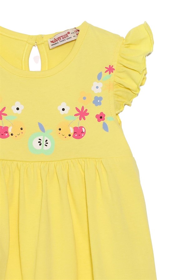 Silversunkids | Bebek Kız Sarı Renkli Baskılı Kolları Fırfırlı Örme Elbise | EK 118054