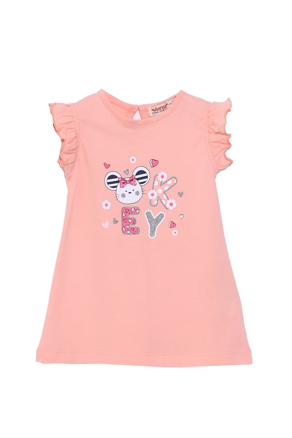 Silversunkids | Bebek Kız Somon Renkli Baskılı Kolları Fırıfırlı Örme Elbise | EK 118756