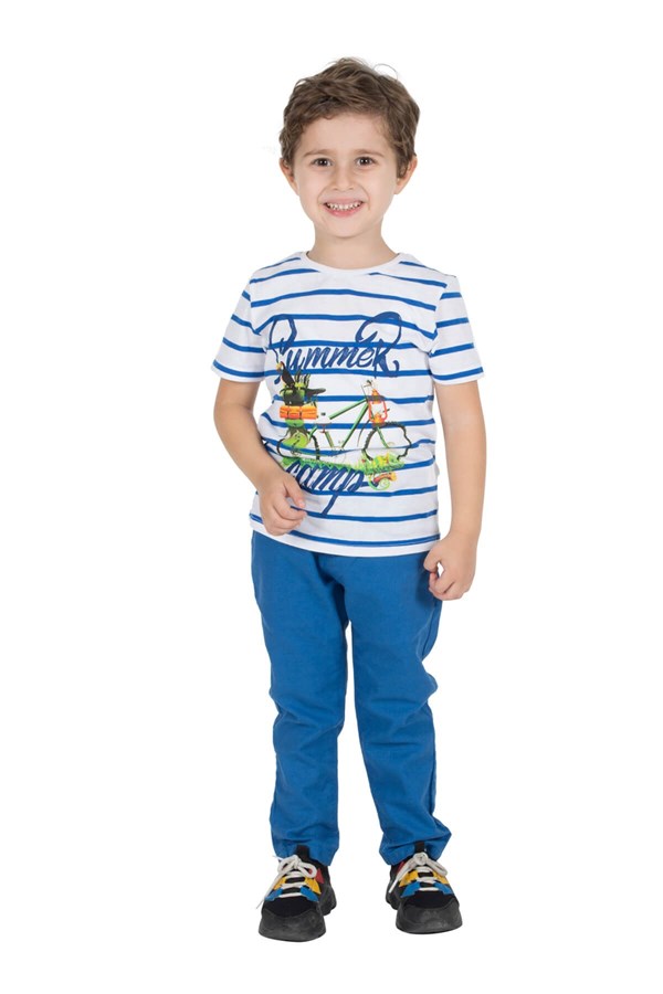 Silversunkids | Erkek Çocuk Mavi Renkli Baskılı Çizgili Kısa Kollu Tişört | BK 215416