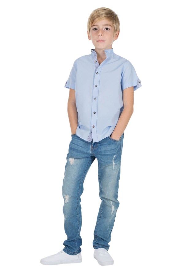 Silversunkids | Erkek Genç Mavi Renkli Kolları Düğme Detaylı Dokuma Gömlek | GC 316243