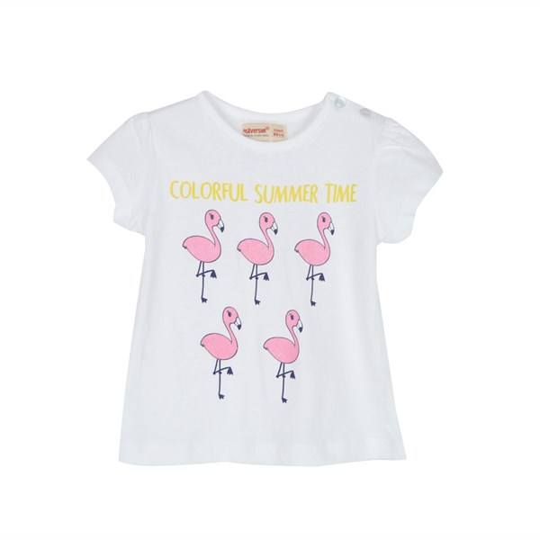 Silversunkids | Kız Bebek Beyaz Renkli Baskılı Omuzdan Düğmeli Kısa Kollu   Tişört | BK 115897